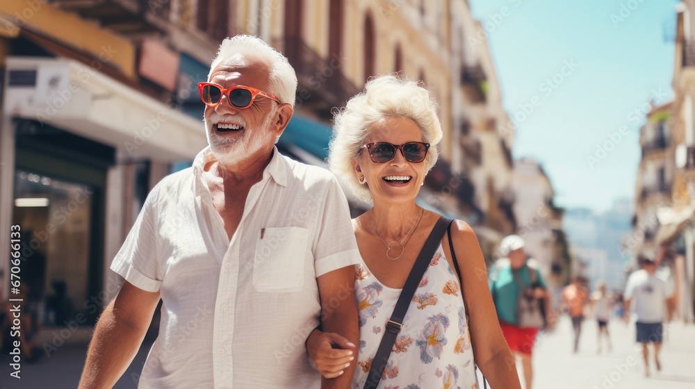 Happy old couple wearing sunglasses walk smiling on vacation. Senior husband hugging mature wife in bright hat while walking in touristic city center having rest on summer vacation.