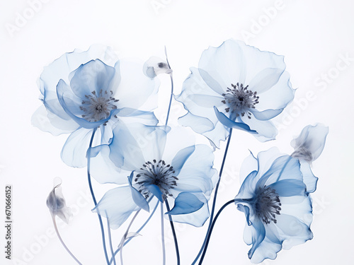 X-ray of beautiful blue flowers, white background