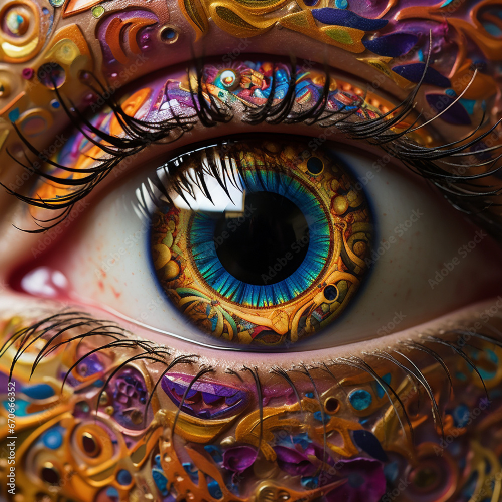 The camera focuses on the intricate patterns of her iris, a kaleidoscope of hues dancing in the light