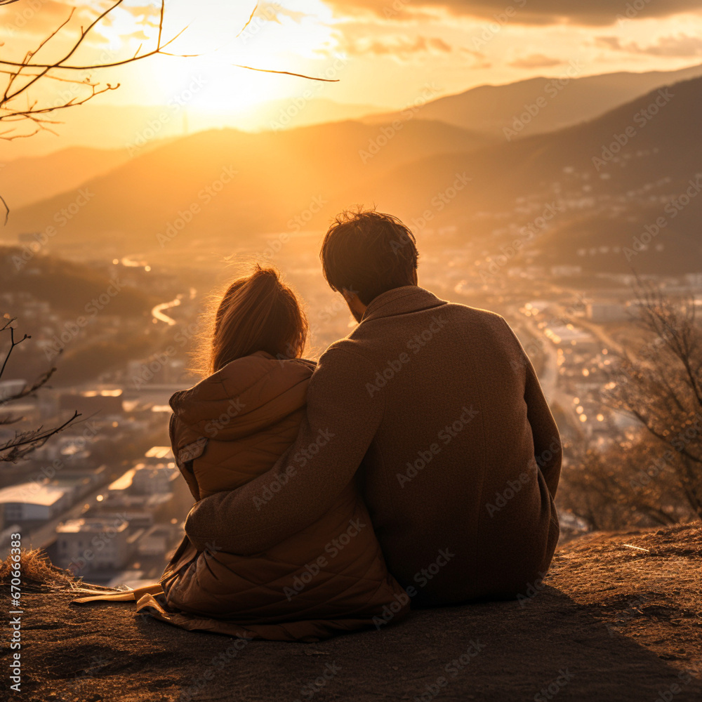 Couple of lovers hugging with their backs to each other sitting on top of the mountain