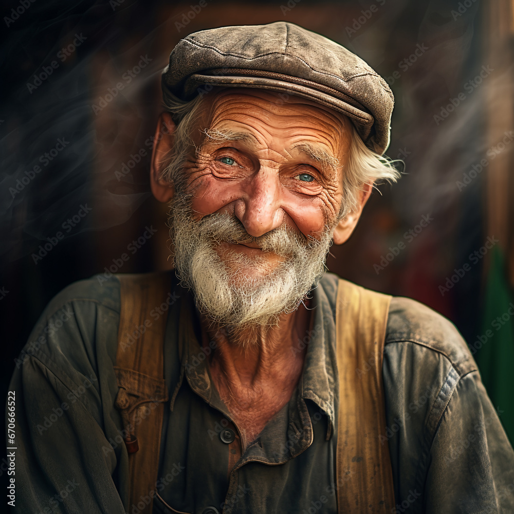 portrait of a happy poor gray-haired old man in a cap, an elderly man in old clothes is experiencing happiness, on a dark background
