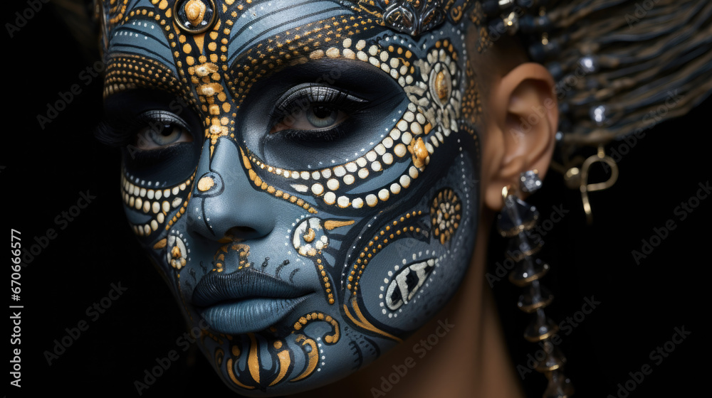 A portrait of a pretty young woman with elaborate facial painting