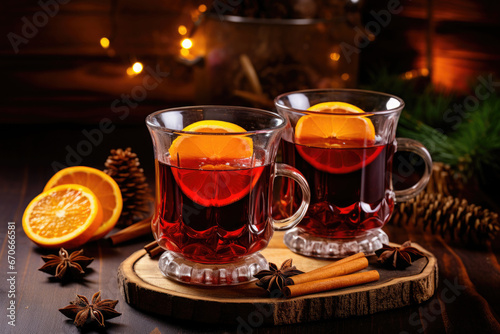 Two glasses of mulled wine. Traditional hot drink for Christmas time. Drink at winter season