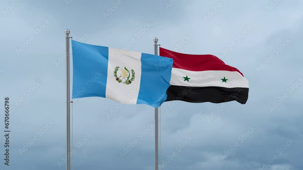 Syrian Arab Republic, Syria and Guatemala flag waving together on cloudy sky, endless seamless loop, two country cooperation concept Syrian Arab Republic, Syria and Guatemala flag waving together on cloudy sky, endless seamless loop, two country cooperation concept