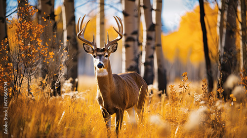 A deer stands in the forest between yellow plants in autumn photo