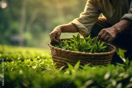 Person picking green tea leaves on plantation. Hands collect fresh tea in basket