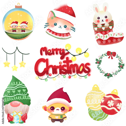 Christmas stickers set cute element with merry text photo