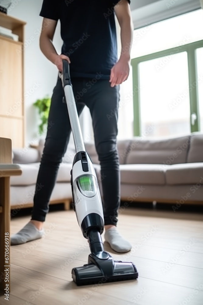 Young Caucasian man uses vacuum cleaner to keep living space tidy. Man with vacuum cleaner in hand ensures home remaining tidy place to live.
