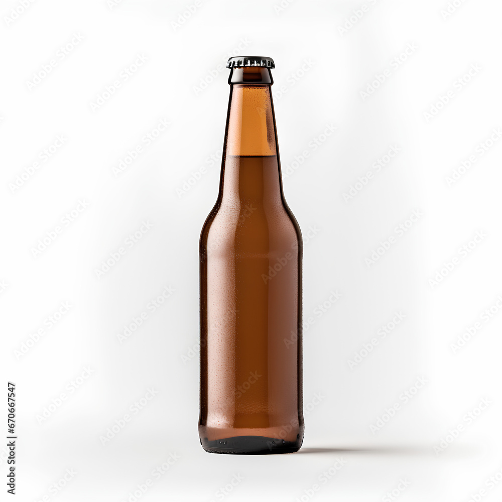 Mockup of an empty beer bottle with logo on a white background.