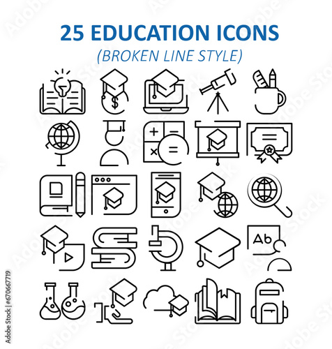 Set of 25 Icons for Education (Broken Line Style)
