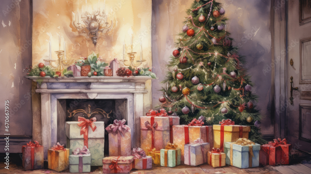 Watercolour Christmas gifts by the Christmas tree near the fireplace in the living room of the house Watercolour Christmas gifts by the Christmas tree near the fireplace in the living room of the house