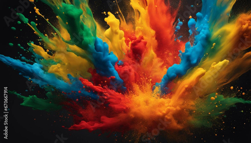vibrant and dynamic explosion of colorful paint, resembling a watercolor splash, with a mesmerizing blend of red, orange, yellow, green, and blue, creating an energetic and visually captivating displa
