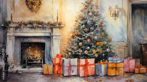 Watercolour Christmas gifts by the Christmas tree near the fireplace in the living room of the house