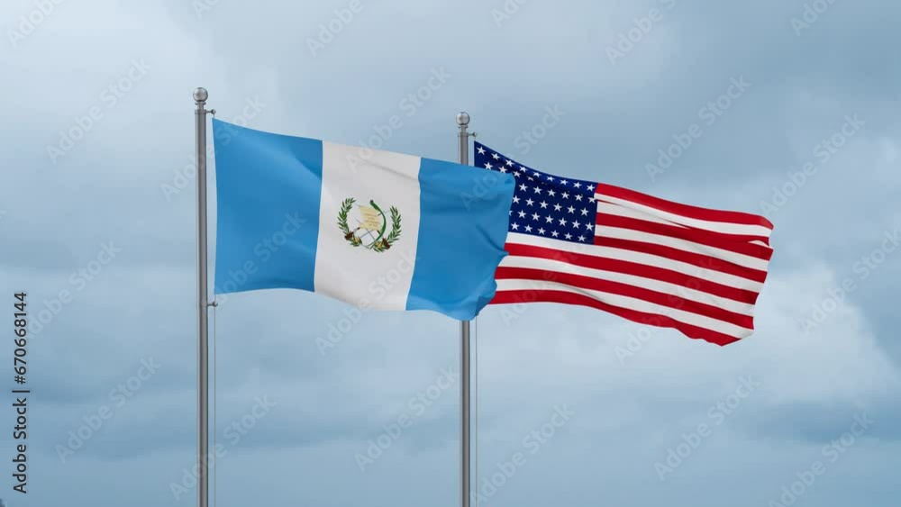 USA and Guatemala flag waving together on cloudy sky, endless seamless loop, two country cooperation concept USA and Guatemala flag waving together on cloudy sky, endless seamless loop, two country cooperation concept