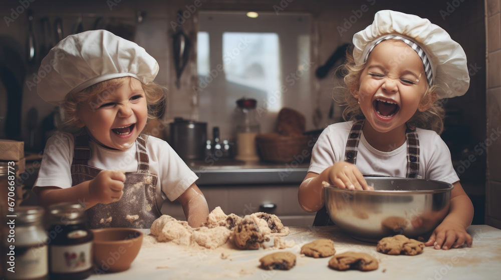 happy, adorable laughing kids in the kitchen cooking delicious cookies - obrazy, fototapety, plakaty 
