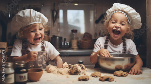 happy, adorable laughing kids in the kitchen cooking delicious cookies photo