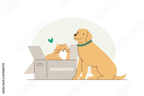 Sheltered animals, stray dog and homeless cat near charity box asking for support, donation or fundraising. Pet adoption, generosity, love concept. Flat vector illustration. photo