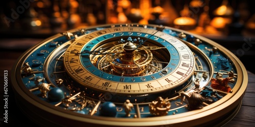 A gold and blue clock sitting on top of a wooden table. AI image. Imaginary astrological clock.