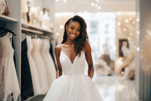 African American bride is trying on an elegant wedding dress in modern wedding salon