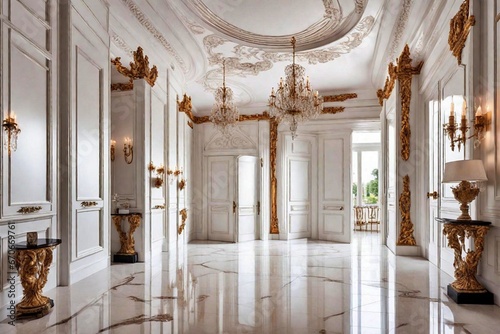 baroque-styled light luxury interior with royal aristocratic flair, pricey antique furnishings in a white hallway, royal aristocratic decor in a baroque-styled interior.