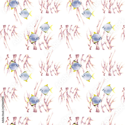 Seamless pattern with corals and exotic fishes moonyfish. Watercolor illustration for wrapping  wallpaper  fabric