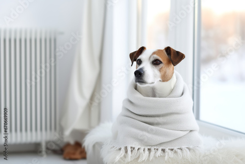Wallpaper Mural Cute dog is freezing in living room and warming himself under blanket near radia