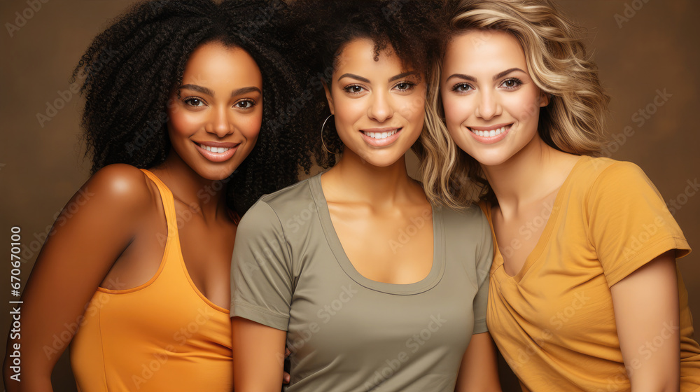 happy diverse women smiling multicultural young beautiful models of different nationalities poster print background generative AI happy diverse women smiling multicultural young beautiful models of different nationalities poster print background generative AI