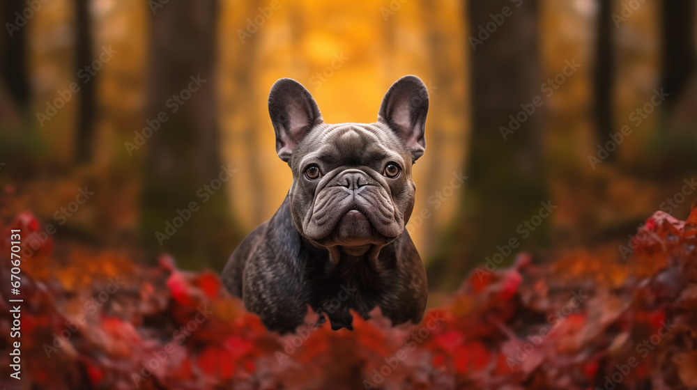 Grey French Bulldog, captured in the midst of a vibrant autumn forest. 