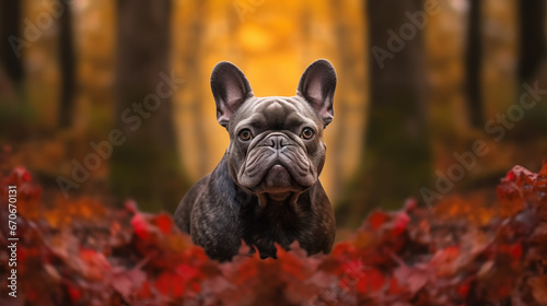 Grey French Bulldog, captured in the midst of a vibrant autumn forest.  photo