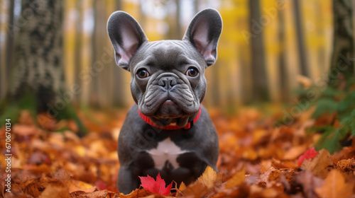 Grey French Bulldog, captured in the midst of a vibrant autumn forest.  © Alex