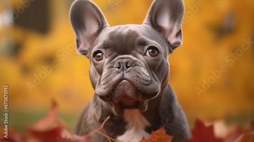 Grey French Bulldog, captured in the midst of a vibrant autumn forest.  © Alex