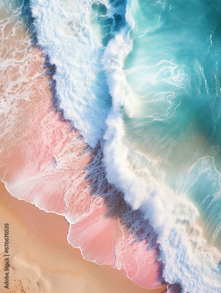 Abstract blurred sunset sunrise sky and ocean nature background, pastel pink beach sand clear blue ocean water; Pink and blue gradient colors; ocean wave summer; love and romantic