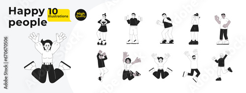 Excited people multicultural black and white cartoon flat illustration bundle. Holding hands high up linear 2D characters isolated. Joyful smiling. Having fun monochromatic vector image collection