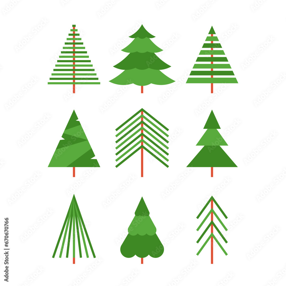 Green christmas tree icon set isolated on white. Vector illustration symbol for new year and christmas