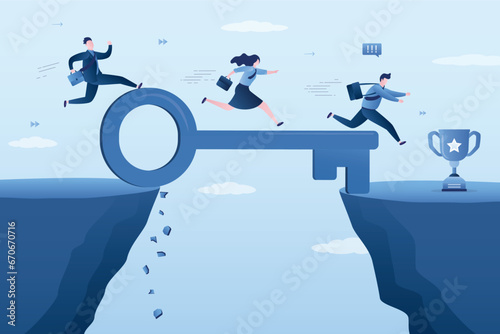 Group of business people run on giant key to cross gap over abyss. Key to success, solution to solve problem and overcome obstacle, connect bridge to help achieve success,