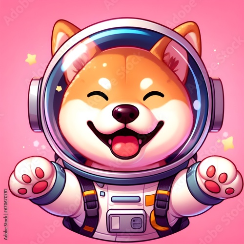 A cute Japanese Shiba Inu dog in a space suit is an adorable cartoon image set against a pink background