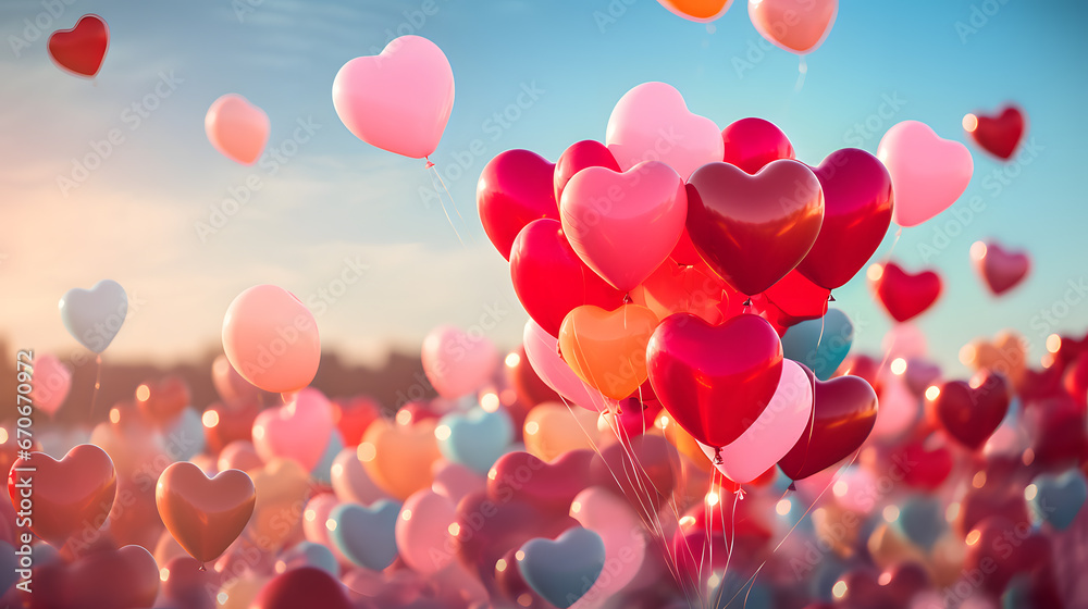 A heart-shaped balloons released into the sky, with a colorful festival atmosphere as the background context, during a Valentine's Day parade 