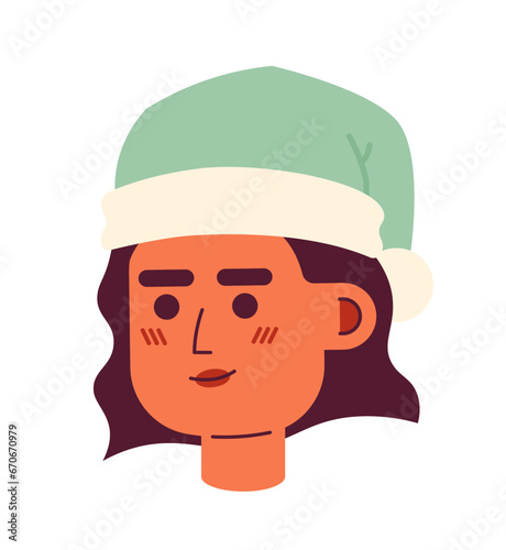 Christmas santa hat latina woman 2D vector avatar illustration. Xmas girl cartoon character face portrait. Hispanic female smiling flat color user profile image isolated on white background