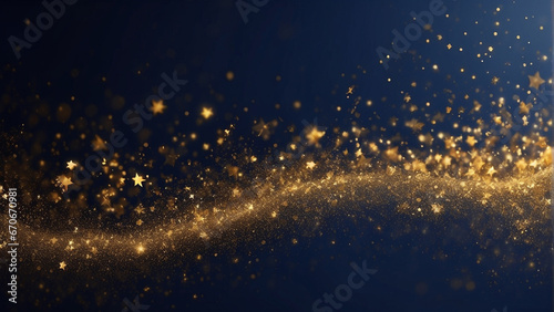 navy blue abstract backdrop with gold stars, glitter, and particles