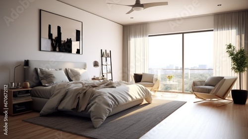 Bedroom decor  home interior design . Modern Scandinavian style with Window View decorated with Concrete and Glass material . Generative AI AIG26.