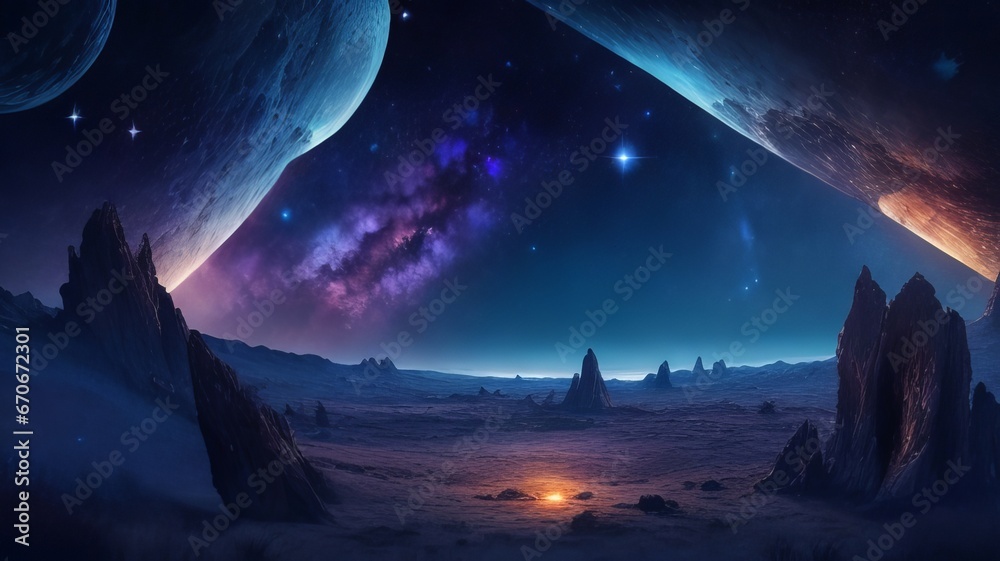 Fantasy Landscape: Planets, Stars, and Rocky Formations in an Alien Sky Fantasy Landscape: Planets, Stars, and Rocky Formations in an Alien Sky