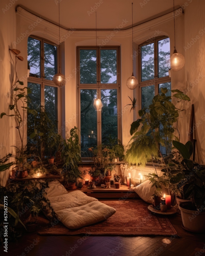 Cozy bohemian bedroom with warm lights illustration made with Generative AI