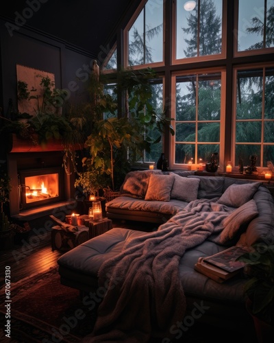 Cozy bohemian bedroom with warm lights illustration made with Generative AI © Santasombra