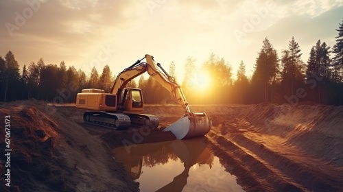 An excavator dug a trench in a forested area while a stunning sunset ignited the sky. photo