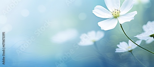 An illustration of a flower with green stems and leaves against a defocused background of abstract light blue and white textures