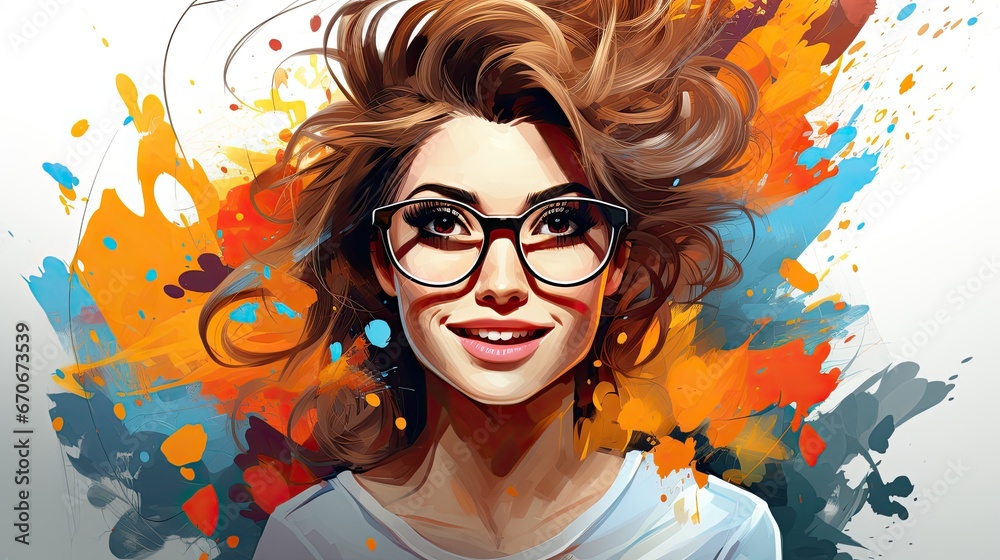 Obraz premium Fashionable woman with glasses. Bright portrait of a teenage girl. Young woman avatar in minimal art style