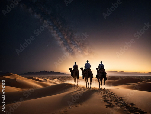 Photo portrait of the three wise men crossing the desert under the stars on a camel