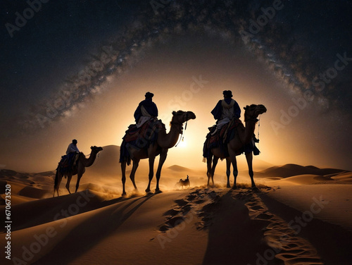 portrait of the three wise men crossing the desert under the stars on a camel