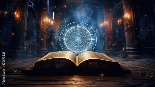 Delve into the enchanting world of magic with an opened book radiating mystical lights, where the ancient secrets of wizardry come to life photo