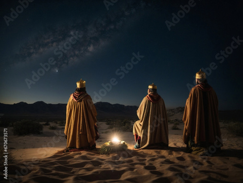 Fotografie, Tablou portrait of the three wise men crossing the desert under the stars on a camel